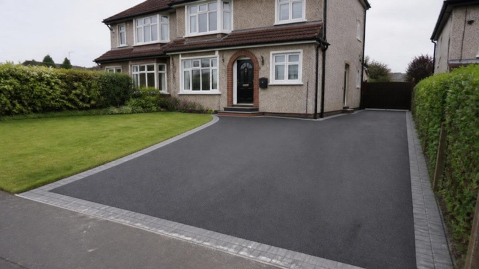 New tarmac driveway with block edging outside a semi-detached house