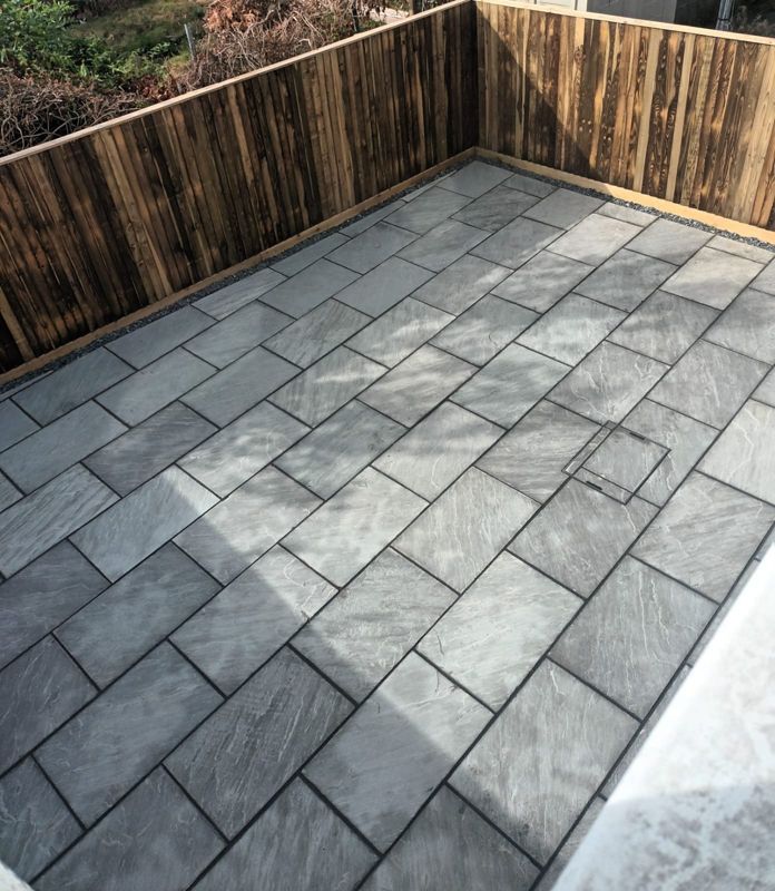 Dark grey patio in a courtyard garden